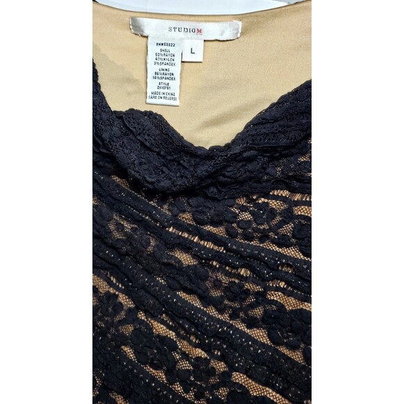 Studio M Black Lace Bodycon Dress – Nude Lining, Asymmetrical Scoop Neck, Size L - Picture 6 of 13